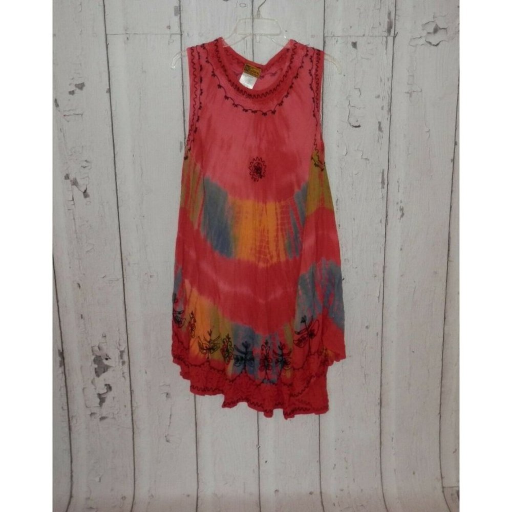 In Gear Tie Dye OSFM Floral Embroidered Boho Cover Up Sleeveless Sundress 3558